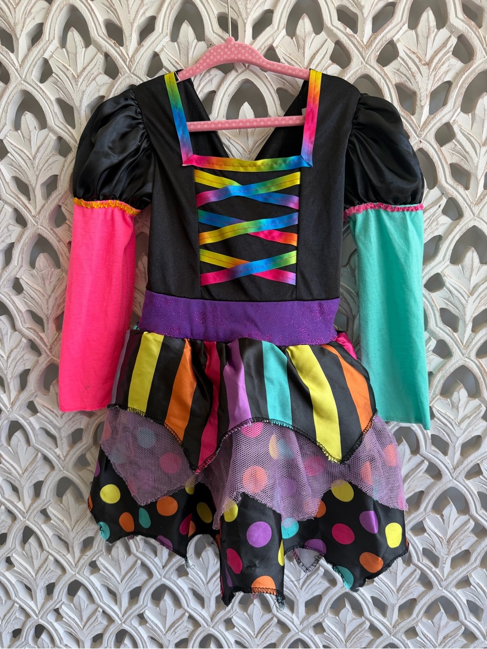 Girls Halloween Clown Jester Costume Dress 3T 4T Multicolor Polka Dot